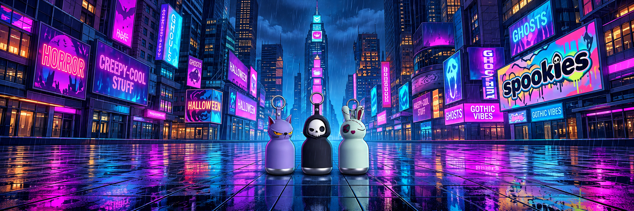 Mini Spookies cat, skeleton and bunny in a neon city.