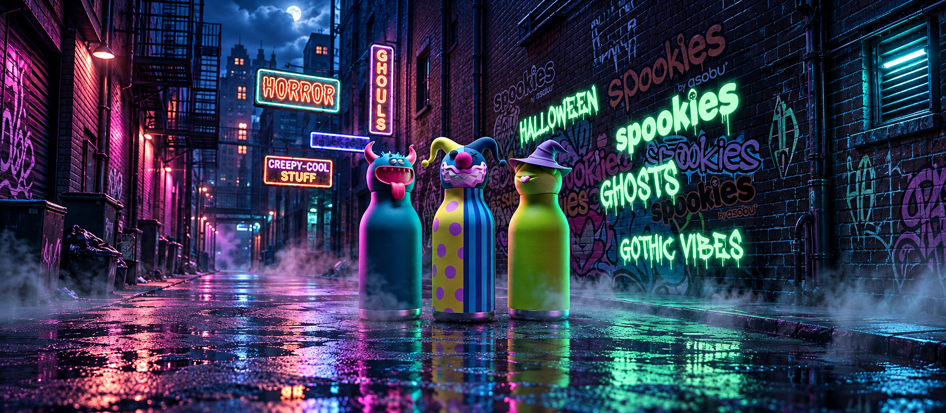 Spookies beast, clown and witch in a neon alley.