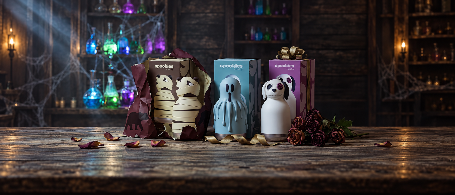 Maxi Spookies mummy bear, ghost and undead dog with gift boxes.